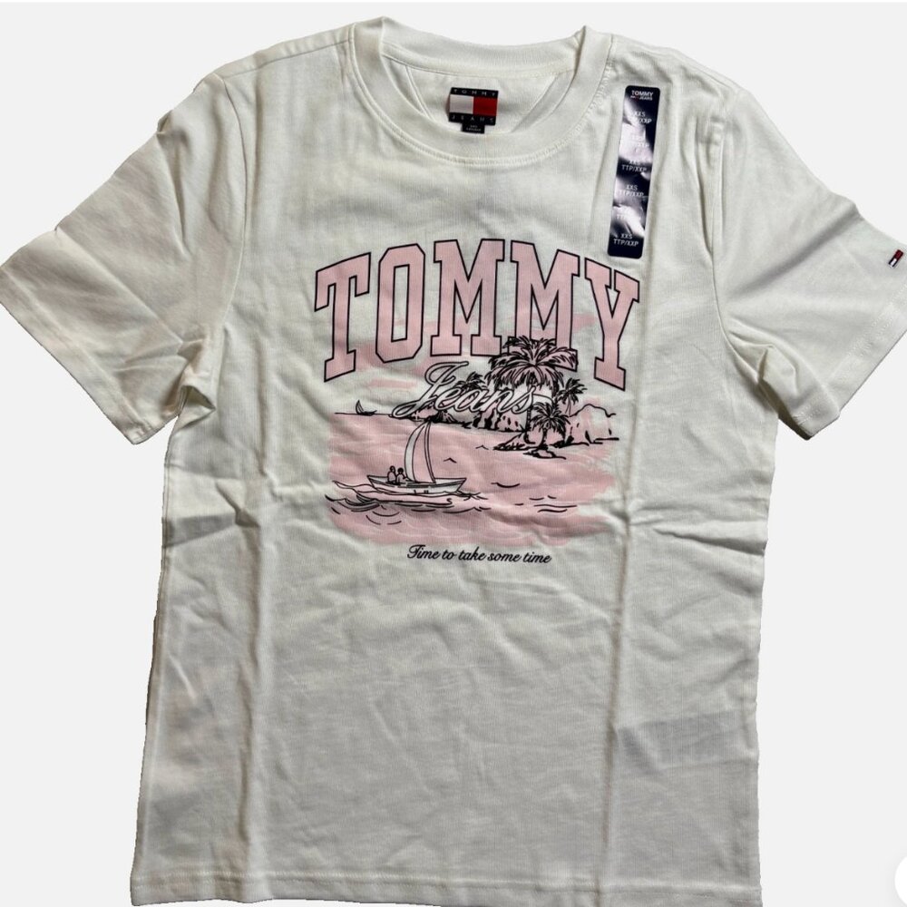 Tommy Jeans Womens XXS Tonal Tropics Relaxed Graphic T-Shirt 🌴 Off-White Tee